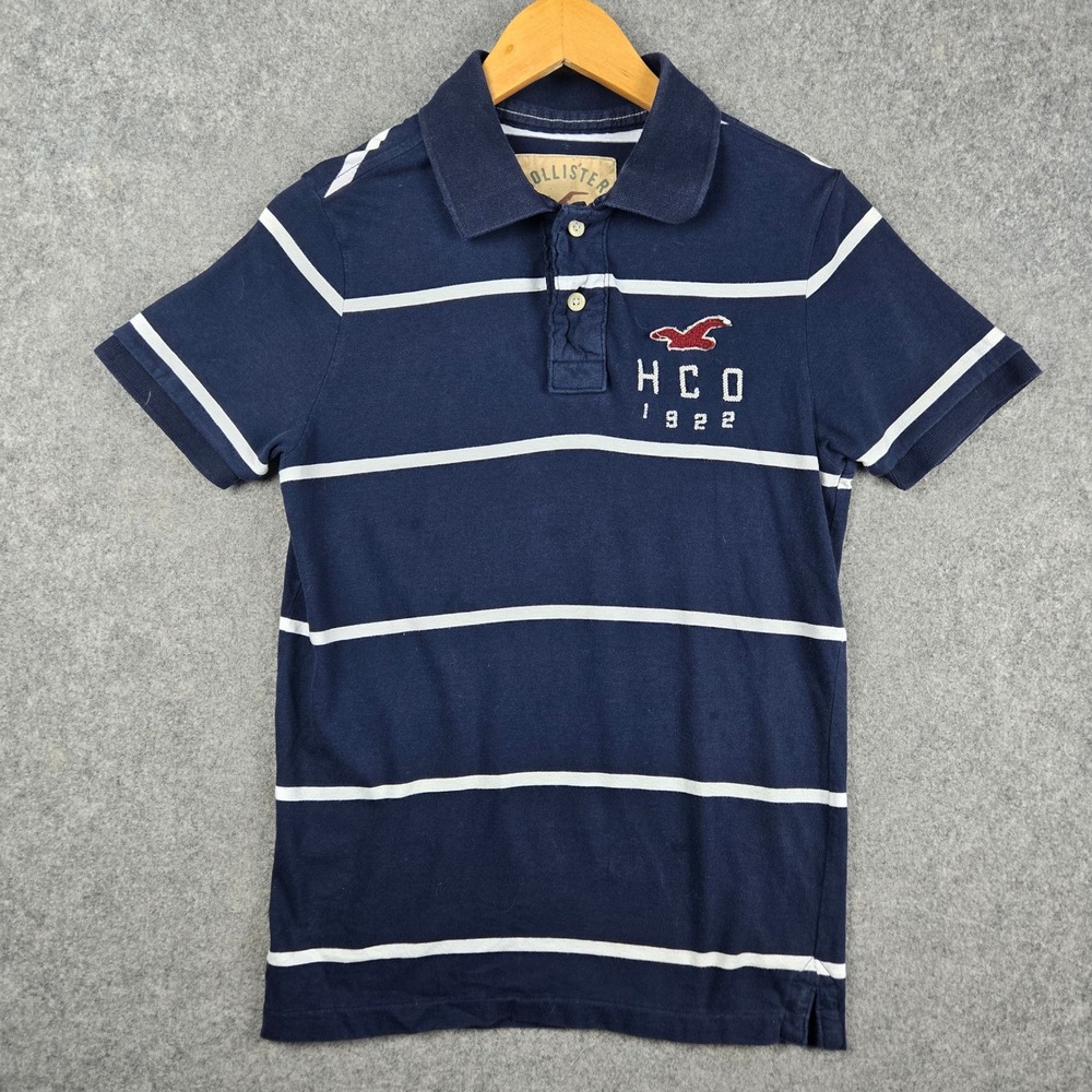 Hollister Polo Shirt Mens XS Blue Striped Logo Embroidered Preppy Coastal Y2K